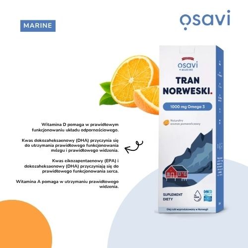Zdjęcie produktu - 2 Osavi Tran Norweski 1000 mg Omega 3 aromat pomarańczowy, 500 ml