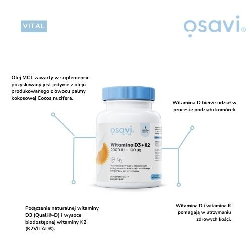 Miniaturka artykułu - #0 Osavi Witamina D3 2000IU + K2 100 mcg, 60 kaps.