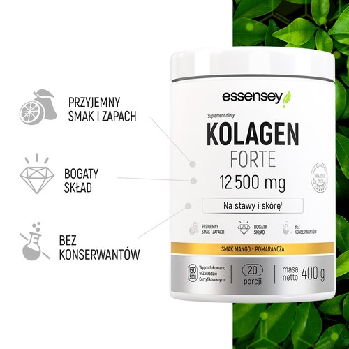 Miniaturka artykułu - #1 Essensey Kolagen Forte 12500 mg smak mango-pomarańcza, 400 g