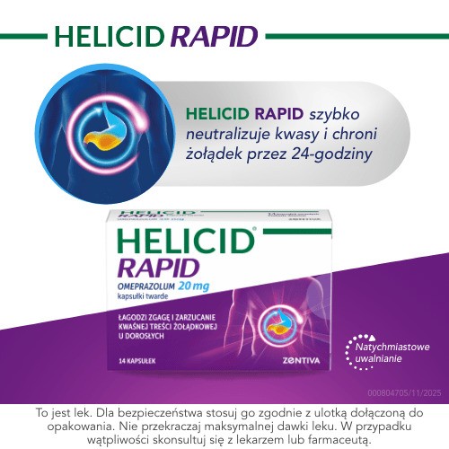 Miniaturka artykułu - #0 Helicid Rapid - omeprazol 20mg, szybkodziałający lek na zgagę 14 kapsułek