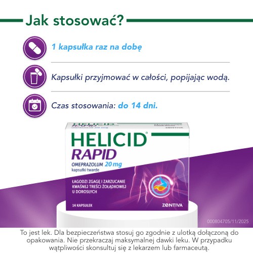 Zdjęcie produktu - 3 Helicid Rapid - omeprazol 20mg, szybkodziałający lek na zgagę 14 kapsułek
