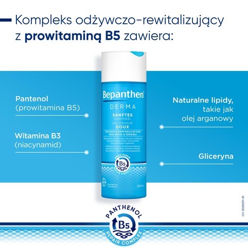 Zdjęcie produktu - 3 Bepanthen Derma Żel do mycia ciała do suchej i wrażliwej sk&oacute;ry, 200 ml