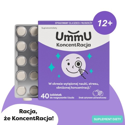 Miniaturka artykułu - #0 UmmU KoncentRacja 12+ tabletki do rozgryzania i żucia o smaku cytrynowo pomarańczowym, 40 szt.