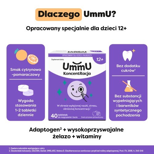 Zdjęcie produktu - 2 UmmU KoncentRacja 12+ tabletki do rozgryzania i żucia o smaku cytrynowo pomarańczowym, 40 szt.