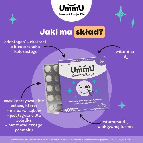 Zdjęcie produktu - 3 UmmU KoncentRacja 12+ tabletki do rozgryzania i żucia o smaku cytrynowo pomarańczowym, 40 szt.