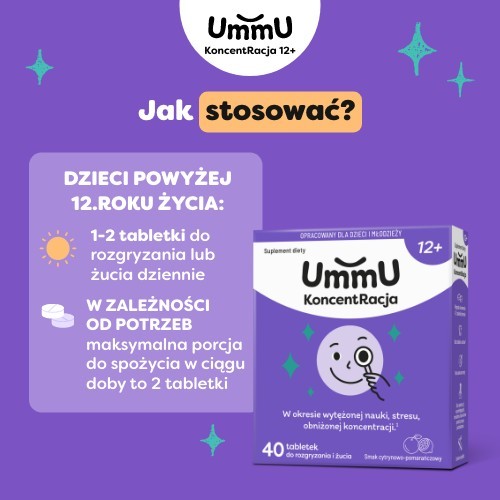 Zdjęcie produktu - 5 UmmU KoncentRacja 12+ tabletki do rozgryzania i żucia o smaku cytrynowo pomarańczowym, 40 szt.