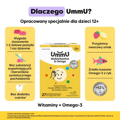 Zdjęcie produktu - 2 Ummu Multiwitamina & Omega 12+ pastylki żelowe do rozgryzania i żucia o owocowym smaku, 27 szt.