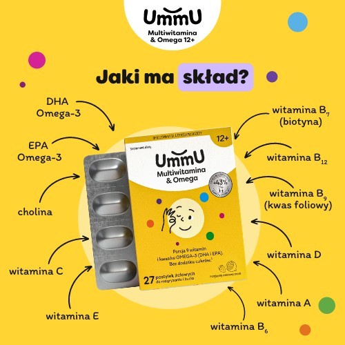 Zdjęcie produktu - 3 Ummu Multiwitamina & Omega 12+ pastylki żelowe do rozgryzania i żucia o owocowym smaku, 27 szt.