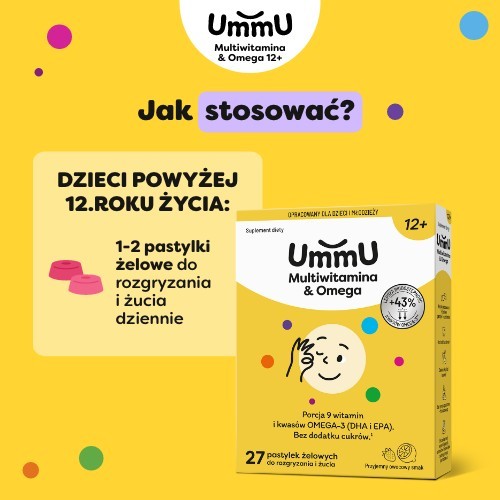 Zdjęcie produktu - 5 Ummu Multiwitamina & Omega 12+ pastylki żelowe do rozgryzania i żucia o owocowym smaku, 27 szt.