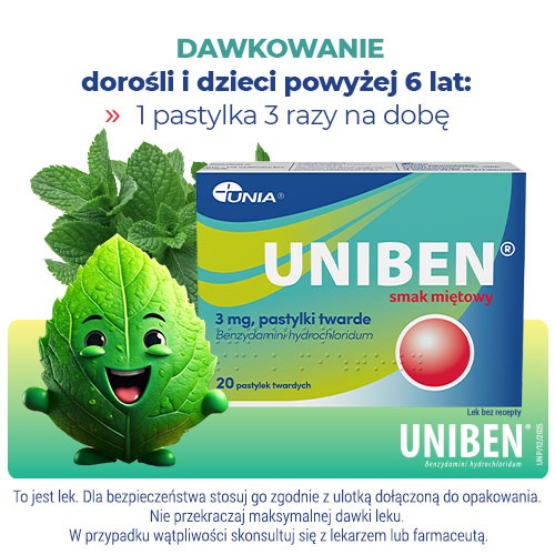 Zdjęcie produktu - 3 Uniben 3 mg smak miętowy, 20 pastylek do ssania - lek na b&oacute;l gardła