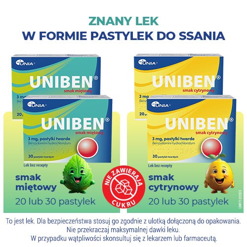 Zdjęcie produktu - 4 Uniben 3 mg smak miętowy, 20 pastylek do ssania - lek na b&oacute;l gardła