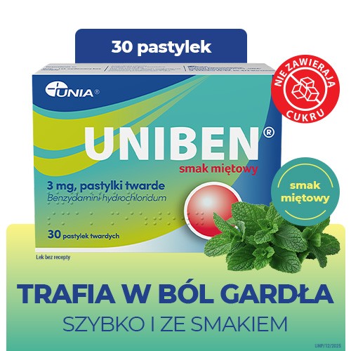 Miniaturka artykułu - #0 Uniben 3 mg smak miętowy, 30 pastylek do ssania - lek na b&oacute;l gardła