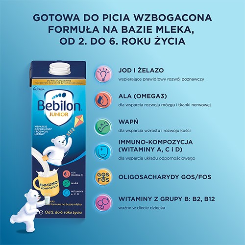 Miniaturka artykułu - #1 Bebilon Junior Gotowa do picia wzbogacona formuła na bazie mleka od 2. do 6. roku życia, 200 ml
