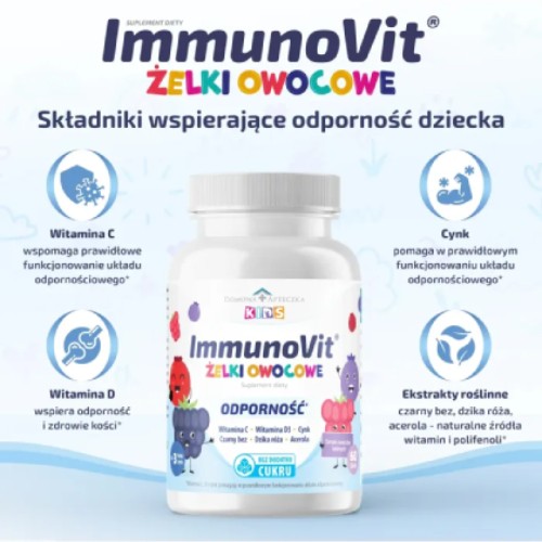 Miniaturka artykułu - #1 Domowa Apteczka ImmunoVit Żelki owocowe bez cukru dla dzieci 3+ smak owoce leśne, 60 szt.