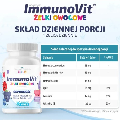 Zdjęcie produktu - 2 Domowa Apteczka ImmunoVit Żelki owocowe bez cukru dla dzieci 3+ smak owoce leśne, 60 szt.