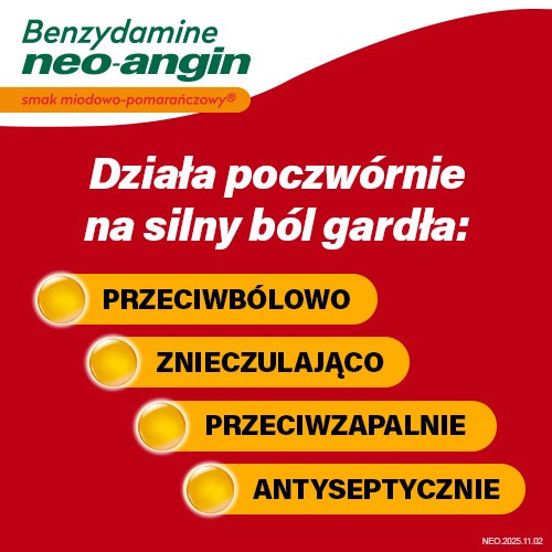 Miniaturka artykułu - #1 Benzydamine Neo-Angin smak miodowo-pomarańczowy, 20 pastylek