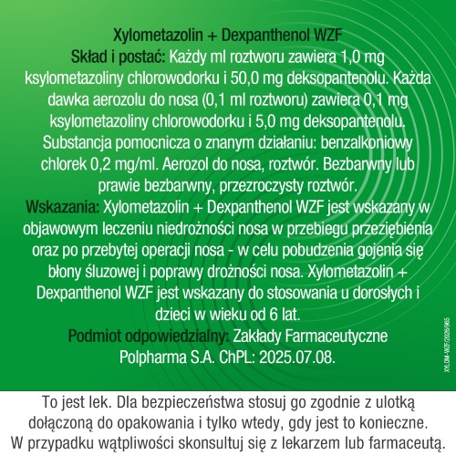 Zdjęcie produktu - 5 Xylometazolin + Dexpanthenol WZF Spray do nosa, 10 ml - lek udrożnia nos i wspomaga regenerację błony śluzowej