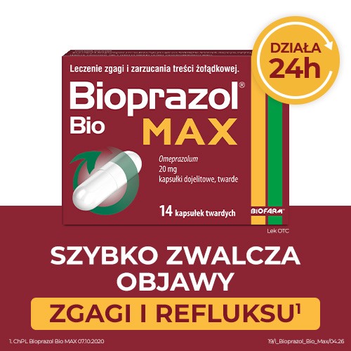 Miniaturka artykułu - #0 Bioprazol Bio Max 20 mg, 14 kapsułek twardych - leczenie zgagi i zarzucania treści żołądkowej