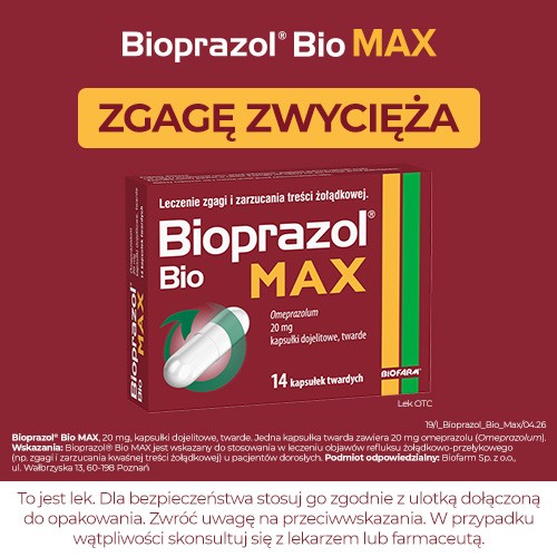Zdjęcie produktu - 5 Bioprazol Bio Max 20 mg, 14 kapsułek twardych - leczenie zgagi i zarzucania treści żołądkowej