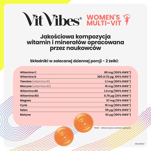 Zdjęcie produktu - 2 Vit Vibes Women's Multi-Vit żelki smak pomarańcza i mango, 60 szt.