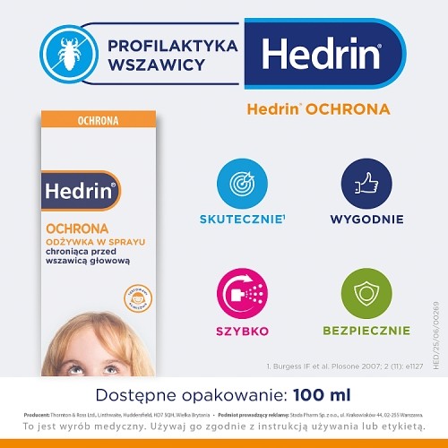 Miniaturka artykułu - #0 Hedrin Ochrona Odżywka w sprayu chroniąca przed wszawicą głowową, 100 ml