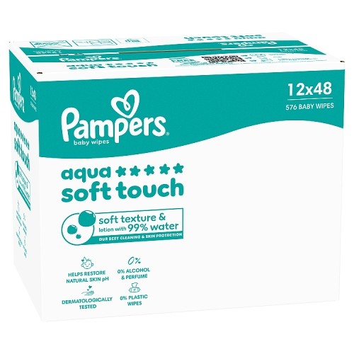 Miniaturka artykułu - #0 Pampers Aqua Soft Touch Chusteczki nawilżane, 12 x 48 szt.