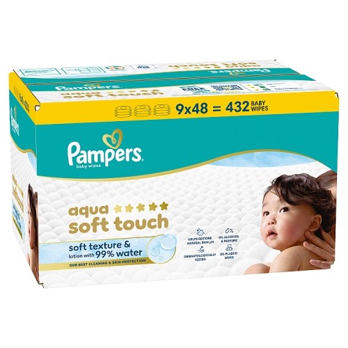 Miniaturka artykułu - #0 Pampers Aqua Soft Touch Chusteczki nawilżane, 9 x 48 szt.