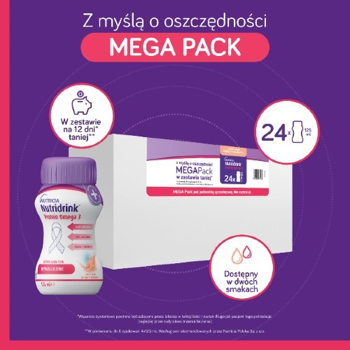 Miniaturka artykułu - #0 Nutridrink Protein Omega 3 rześki smak mango-brzoskwinia megapack, 24 x 125 ml