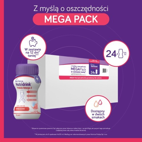 Miniaturka artykułu - #0 Nutridrink Protein Omega 3 rześki smak truskawkowo-malinowy megapack, 24 x 125 ml