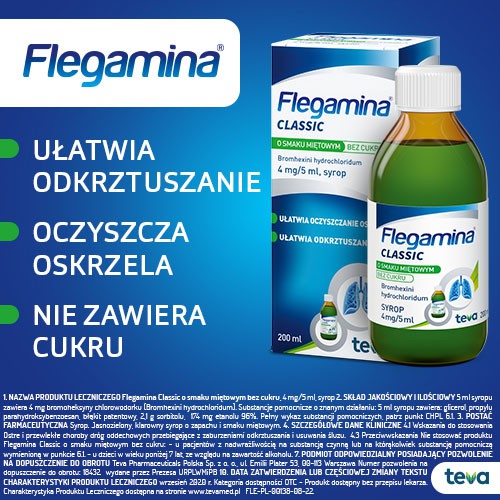 Zdjęcie produktu - 3 FLEGAMINA Syrop o smaku miętowym bez cukru, 200ml 