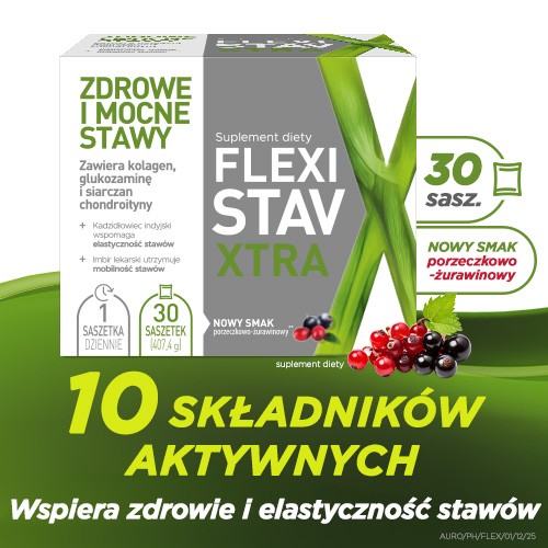 Miniaturka artykułu - #0 FlexiStav Xtra smak porzeczkowo-żurawinowy, 30 sasz. - preparat na regenerację staw&oacute;w