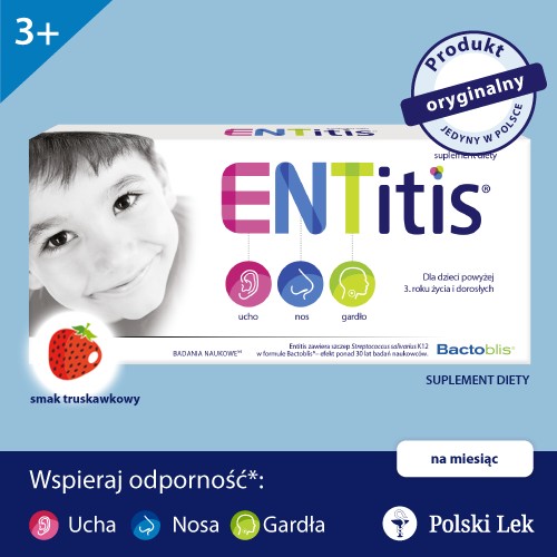 Miniaturka artykułu - #0 ENTitis do ssania truskawkowy - zmniejsza ryzyko infekcji ucha, nosa i gardła - 30 pastylek  