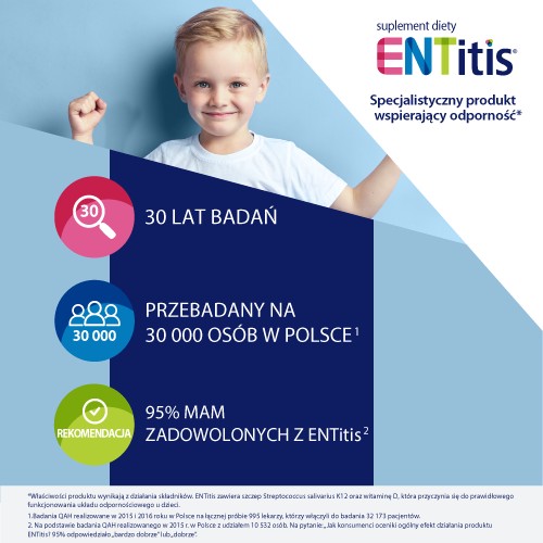 Miniaturka artykułu - #1 ENTitis do ssania truskawkowy - zmniejsza ryzyko infekcji ucha, nosa i gardła - 30 pastylek  