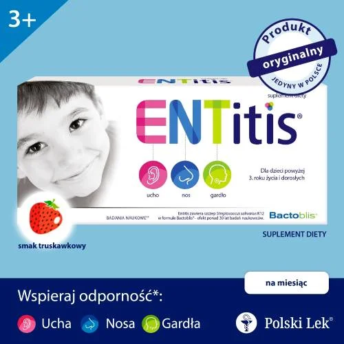 #0 – ENTitis do ssania truskawkowy - zmniejsza ryzyko infekcji ucha, nosa i gardła - 30 pastylek