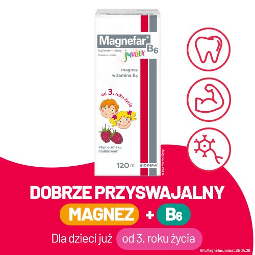 Miniaturka artykułu - #0 Magnefar B6 Junior płyn - 120ml, Uzupełnia niedobory magnezu dla dzieci od 3 roku życia