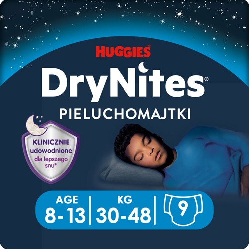 Miniaturka artykułu - #0 HUGGIES DRYNITES BOYS 8-13lat (30-48kg) pieluchomajtki, 9 sztuk 