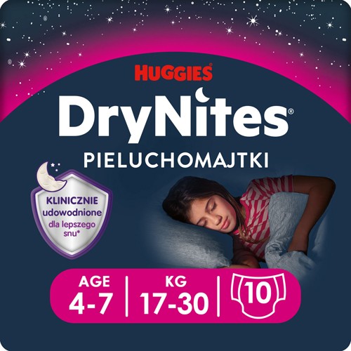 Miniaturka artykułu - #0 HUGGIES DRYNITES GIRLS 4-7 LAT (13-30kg) pieluchomajtki, 10 szt.