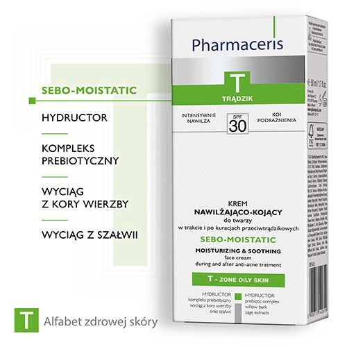 Miniaturka artykułu - #1 PHARMACERIS T SEBO-MOISTATIC SPF 30 Krem nawilżająco-kojący, 50 ml