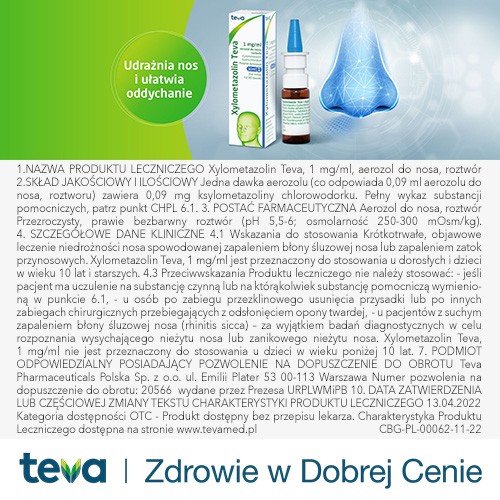 Zdjęcie produktu - 4 Xylometazolin Teva aerozol do nosa 1mg/ml - 10 ml 