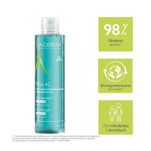 Miniaturka artykułu - #0 A-DERMA PHYS-AC Żel oczyszczający do mycia twarzy, 200 ml
