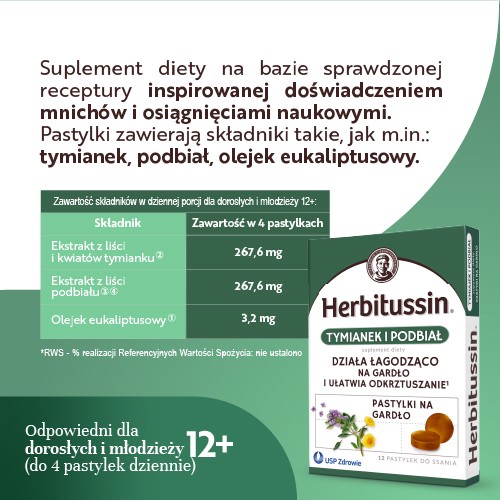 Zdjęcie produktu - 3 Herbitussin Tymianek i Podbiał, 12 pastylek do ssania