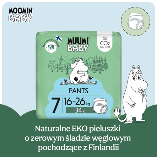 Miniaturka artykułu - #0 Muumi Baby Pants Pieluchomajtki 7 (16-26 kg), 34 szt.