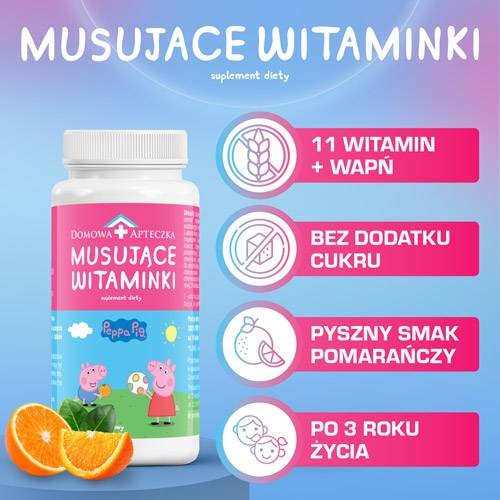 Zdjęcie produktu - 2 DOMOWA APTECZKA Musujące Witaminki świnka peppa, 60tabl.