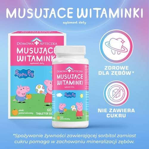 Zdjęcie produktu - 3 DOMOWA APTECZKA Musujące Witaminki świnka peppa, 60tabl.