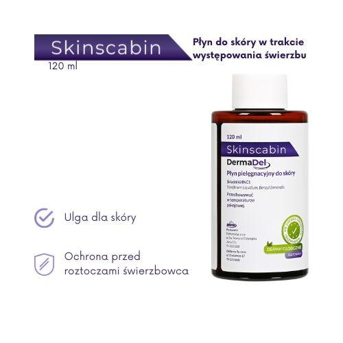 Miniaturka artykułu - #1 SkinScabin Płyn pielęgnacyjny do sk&oacute;ry, 120 ml (NovoScabin) - Wspomaga walkę ze świerzbem