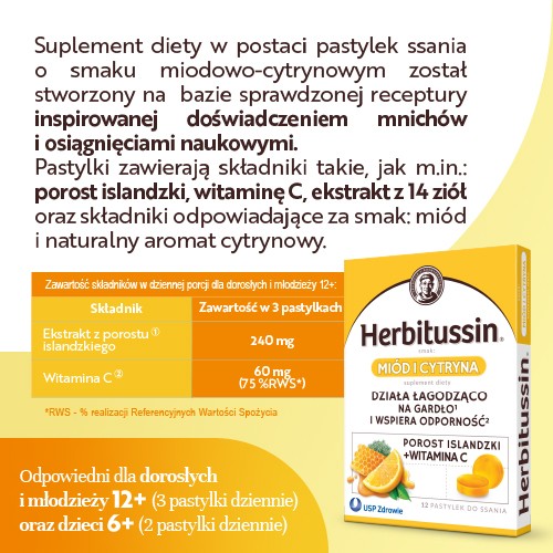 Zdjęcie produktu - 3 Herbitussin Mi&oacute;d i Cytryna, 12 pastylek do ssania