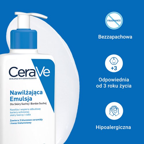 Miniaturka artykułu - #1 CeraVe Nawilżająca emulsja dla sk&oacute;ry suchej i bardzo suchej, 473 ml