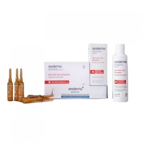 Miniaturka artykułu - #0 SESDERMA SESKAVEL Zestaw Szampon, 200ml + ampułki, 12szt. x 8ml