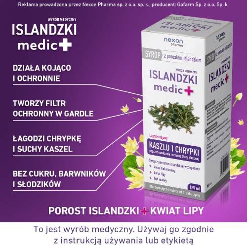 Miniaturka artykułu - #0 Islandzki medic+ Syrop z porostem islandzkim na suchy kaszel i chrypkę, 125 ml