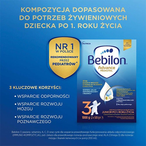 Miniaturka artykułu - #0 Bebilon 3 Pronutra Junior Formuła na bazie mleka po 1. roku życia, 1000 g (2 x 500 g)